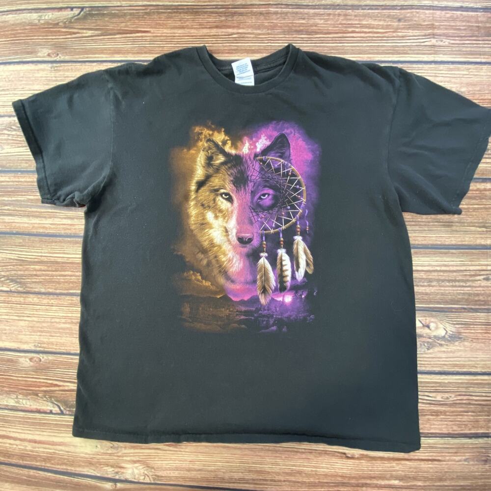 Wolf Dreamcatcher T Shirt Delta Pro Weight Black L Y2K Graphic Tee Watercolor